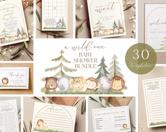 Editable A Wild One Baby Shower Bundle | Printable Templates | Watercolor Baby Animals