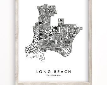 May include: A black and white typography map of Long Beach, California. The map is made up of the names of different neighbourhoods and landmarks in the city. The words are arranged in a way that forms the shape of the city.