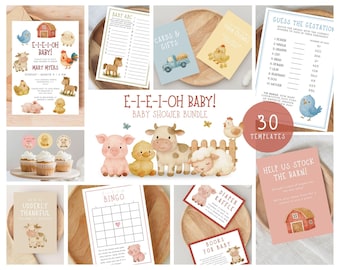 Editable Barnyard Baby Shower Bundle | E-I-E-I-OH BABY! | Printable Templates | Watercolor Farm Animals