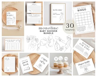 Editable Monoline Illustrations Baby Shower Bundle | Printable Templates | Minimal Line Drawing