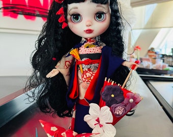 Blythe custom doll with vintage kimono