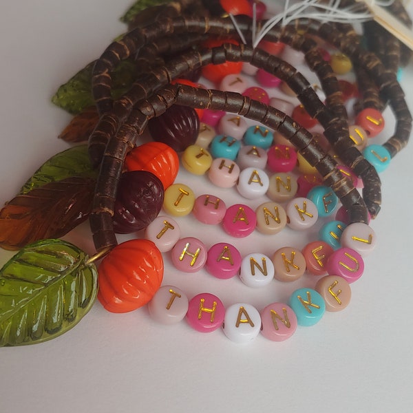 Coconut Shell, Acrylic, Glass, and Plastic "THANKFUL" stretch bracelet