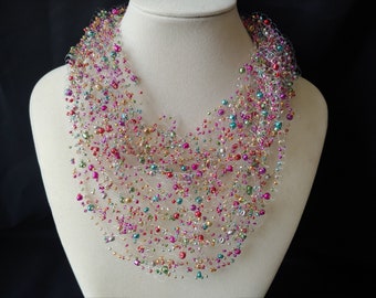 Glass "Floating" Metallic Seed Beads on Crochet Monofilament Cord air necklace