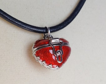 Silver Metal Heart Locket (red) and Leather Cord necklace