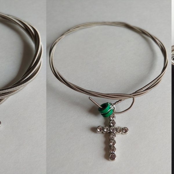 Bass Guitar String (thick or thin) with Cross Charm or Treble Clef Charm bracelet