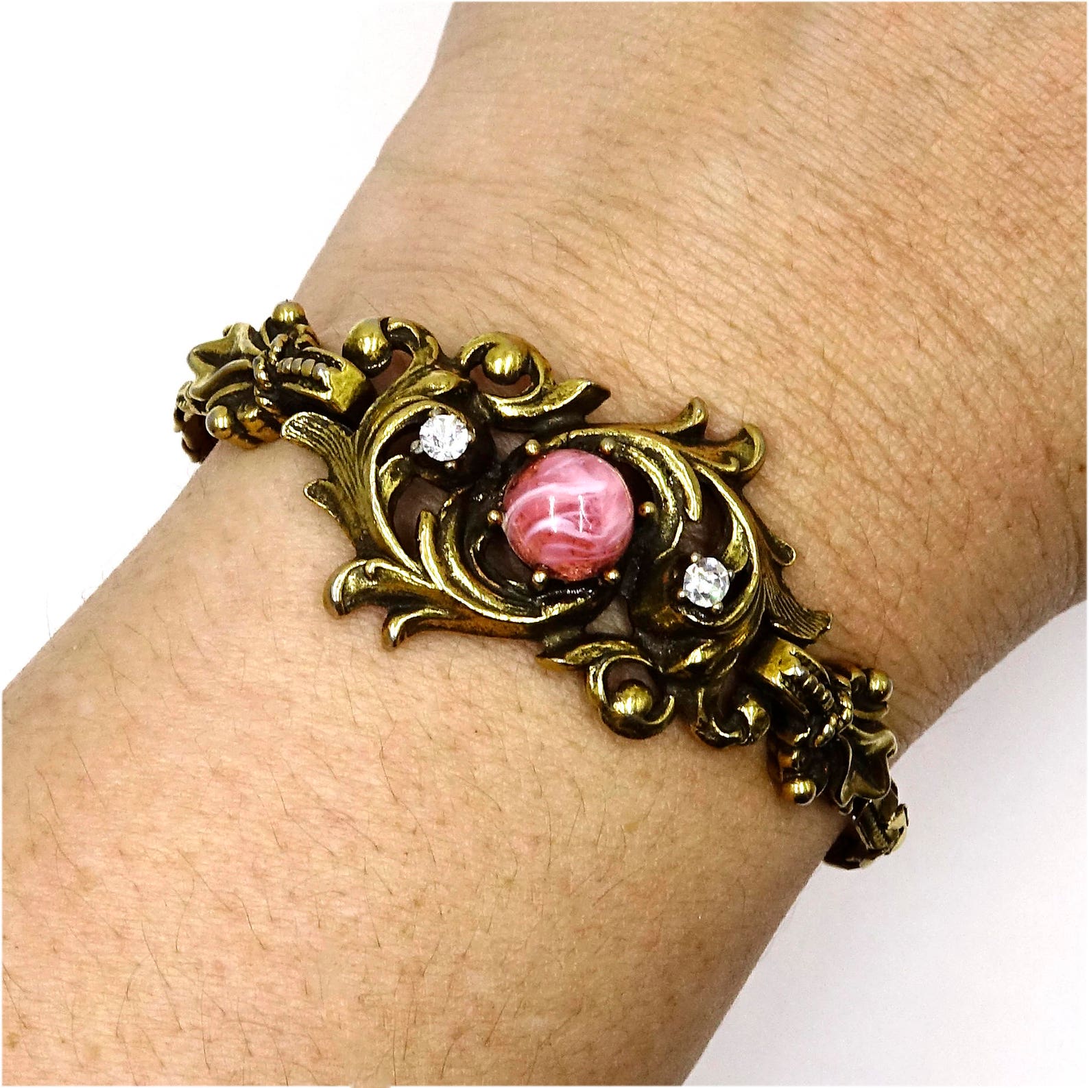 Acanthus Leaf Pink Art Glass and Rhinestones Rococo Revival Style