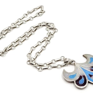 Sterling Aqua White Purple Enameled Lily Like Pendant Necklace