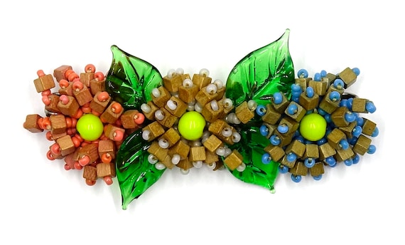 Rare Beaded Wood And Glass Miriam Haskell Flower … - image 1