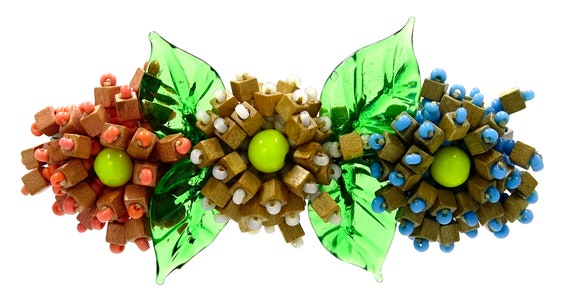 Rare Beaded Wood And Glass Miriam Haskell Flower … - image 2
