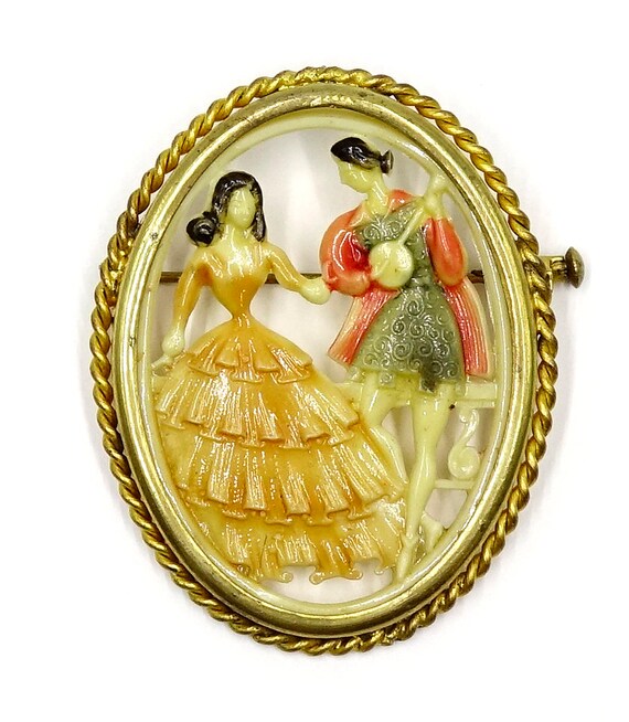 Deco Lady And Minstrel Tinted French Celluloid Pin