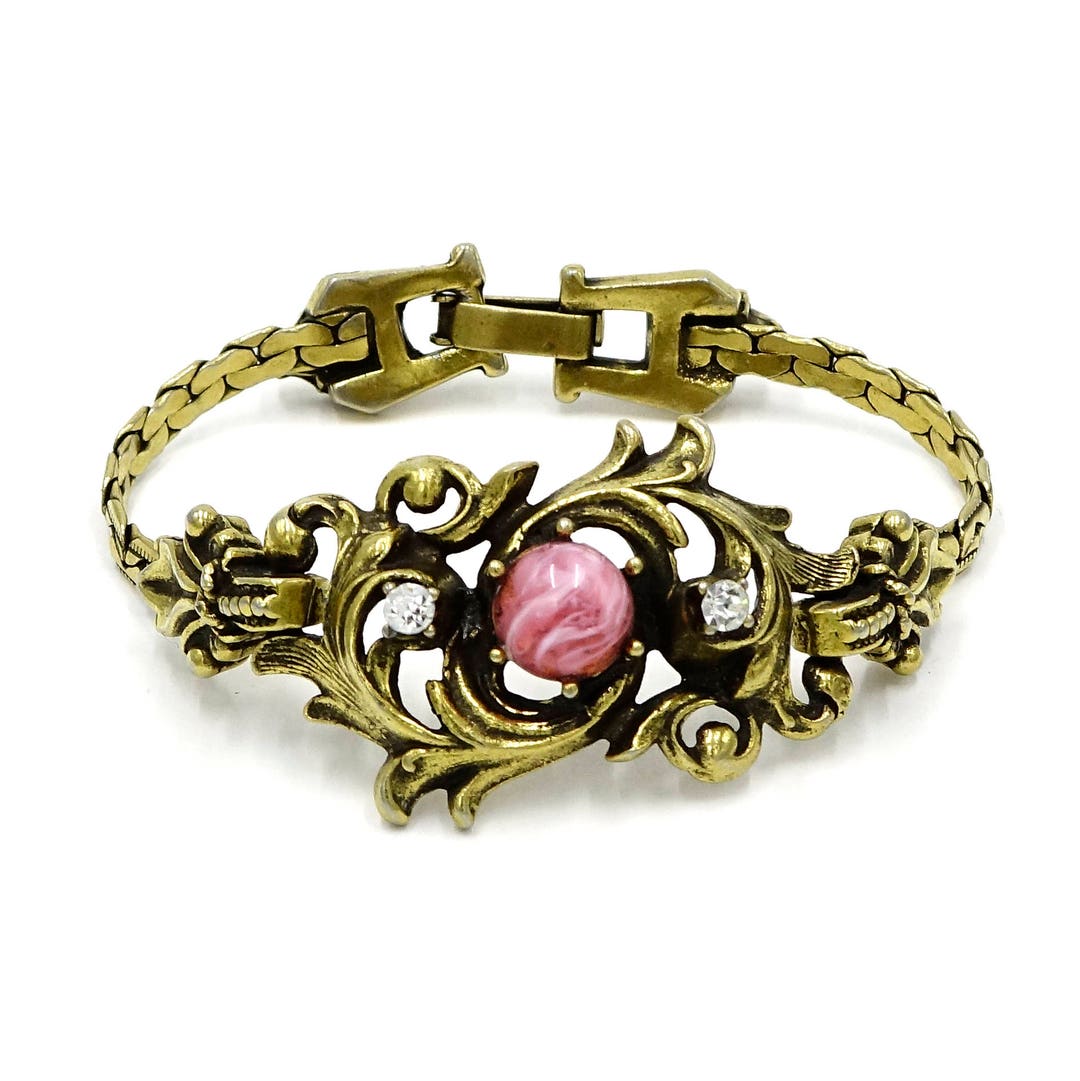 Acanthus Leaf Pink Art Glass and Rhinestones Rococo Revival Style