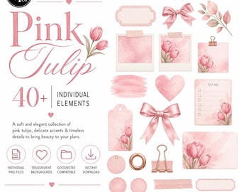 Adesivi digitali floreali rosa, clipart PNG ad acquerello, grafica per GoodNotes Planner, collezione di tulipani rosa