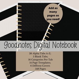 Peut inclure: Un carnet numérique Goodnotes noir et blanc avec des anneaux dorés. Le carnet comprend 26 onglets alphabétiques, 5 onglets vierges, 16 catégories par onglet, 14 modèles de page, 6 couvertures différentes et 548 pages. Ajoutez autant de pages que vous en avez besoin !