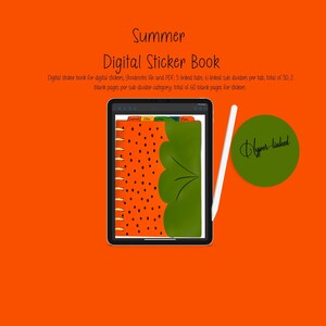 Peut inclure: Un carnet d'autocollants numérique pour Goodnotes et PDF. La couverture est orange avec des pois noirs et un bord festonné vert. Le carnet a 5 onglets liés et 6 sous-diviseurs liés par onglet, pour un total de 30 pages. Il y a 2 pages blanches par catégorie de sous-diviseur, pour un total de 60 pages blanches pour les autocollants.