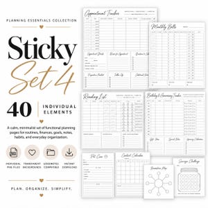 May include: A digital planning set titled Sticky Set 4, featuring 40 individual elements including an appointment tracker, monthly bills, reading list, birthday tracker, pet care, content calendar, brainstorm map, and a savings challenge jar.