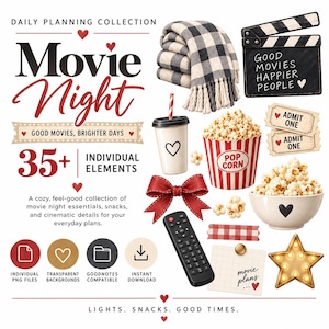 Könnte beinhalten: Eine digitale Sammlung von Grafiken für einen Filmabend, darunter eine schwarz-weiß karierte Decke, eine Filmklappe mit Text, Popcorn in einem gestreiften Eimer und einer Schale, ein Trinkbecher, eine rote Schleife, eine Fernbedienung und ein Sternenlicht.
