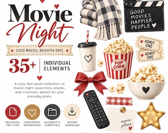 Adesivi digitali per serate cinema, clipart PNG, adesivi per agenda GoodNotes, grafica cinematografica