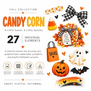 Può includere: Una collezione digitale di 27 elementi grafici a tema autunnale che include caramelle a forma di mais, un barattolo di vetro pieno di dolci, un fiocco a quadretti bianco e nero, un sacchetto arancione, una zucca, un fantasma, un pipistrello.
