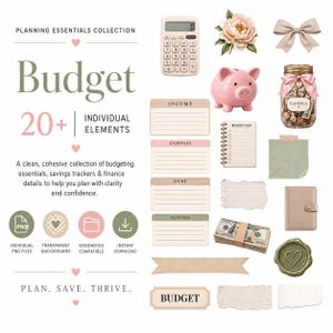 May include: A digital collection of budget planning elements including a calculator, piggy bank, savings jar, floral graphic, bow, lined cards labeled Income, Expenses, Debt, and Savings, a notebook, cash, a wax seal, and various paper scraps.