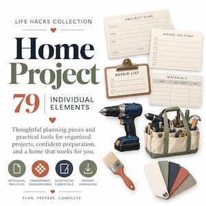 May include: A digital collection of 79 home project planning elements including printed cards labeled Project Plan, Before You Start, Repair List, and Materials, a blue cordless drill, a canvas tool bag, a paintbrush, and color swatches.