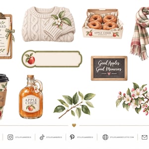 May include: A collection of autumn-themed illustrations including a clipboard with an Orchard Day checklist, a cream cable-knit sweater, a box of apple cider donuts, a plaid scarf, a coffee cup, apple cider, foliage, and apple blossoms.