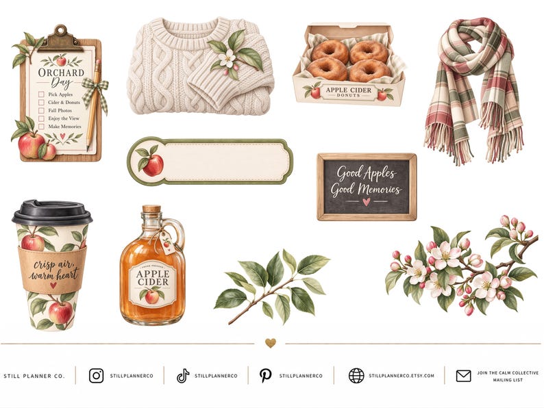 May include: A collection of autumn-themed illustrations including a clipboard with an Orchard Day checklist, a cream cable-knit sweater, a box of apple cider donuts, a plaid scarf, a coffee cup, apple cider, foliage, and apple blossoms.