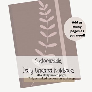 Peut inclure: Un carnet quotidien non daté personnalisable avec 365 pages reliées et 7 sections hyperliées sur chaque page. La couverture du carnet est de couleur brun clair avec un motif floral rose.