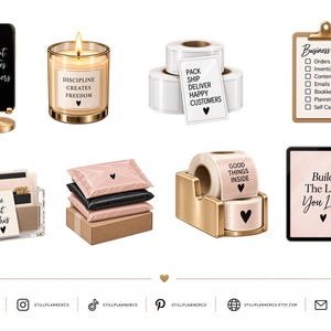 May include: A collection of business supplies including a smartphone stand with text, a candle, shipping labels, a clipboard checklist, a clear desk organizer with cards, shipping mailers, a tape dispenser with labels, and a tablet with a stylus.