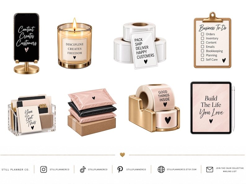 May include: A collection of business supplies including a smartphone stand with text, a candle, shipping labels, a clipboard checklist, a clear desk organizer with cards, shipping mailers, a tape dispenser with labels, and a tablet with a stylus.