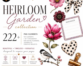 Pack d'éléments PNG pour agenda numérique « Jardin patrimonial » | Plus de 222 éléments PNG | Éléments pour agenda GoodNotes | Album numérique floral | PNG « Jardin vintage »