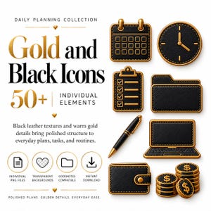 Può includere: Una collezione di icone digitali con texture in pelle nera e bordi dorati, tra cui un calendario, un orologio, una cartellina, una cartella, una penna, un portatile, un portafoglio e pile di monete, con il testo Gold and Black Icons.