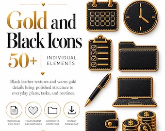 May include: A collection of digital icons featuring black leather textures with gold trim, including a calendar, clock, clipboard, folder, pen, laptop, wallet, and stacks of coins, accompanied by text reading Gold and Black Icons.