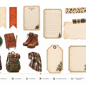 May include: A collection of digital stationery stickers featuring forest-themed illustrations including a lantern, hiking boots, a backpack, a plaid blanket, pinecones, lined note paper, torn paper scraps, and decorative tags with pine branch accents.