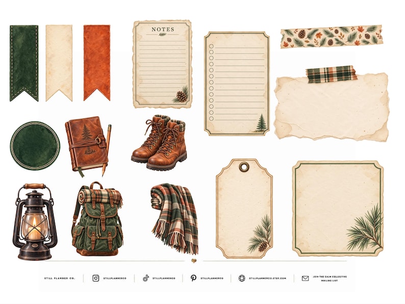 May include: A collection of digital stationery stickers featuring forest-themed illustrations including a lantern, hiking boots, a backpack, a plaid blanket, pinecones, lined note paper, torn paper scraps, and decorative tags with pine branch accents.