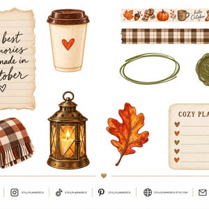 May include: A collection of digital stickers featuring a paper note with the text the best memories are made in October, a coffee cup with a heart, plaid washi tape, a green wax seal, a lantern, a plaid blanket, an oak leaf, and a cozy plans list.