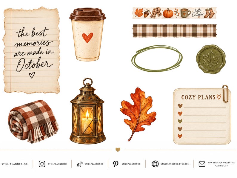 May include: A collection of digital stickers featuring a paper note with the text the best memories are made in October, a coffee cup with a heart, plaid washi tape, a green wax seal, a lantern, a plaid blanket, an oak leaf, and a cozy plans list.
