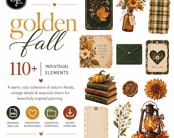 Pacchetto di clipart PNG autunnali, oltre 110 adesivi digitali dorati autunnali ed elementi per scrapbooking autunnali