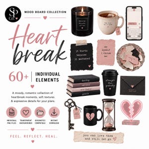 Puede incluir: Una colección de mood board digital titulada Heartbreak que incluye más de 60 elementos, como una vela negra, una taza beige, un teléfono inteligente, notas de papel rasgado con texto, una pila de libros, un vaso de café negro, un sobre, una llave, una taza con un corazón, un reloj de arena y un letrero de neón con forma de corazón.