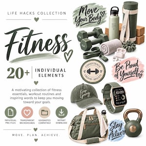 Puede incluir: Una colección digital de gráficos de fitness con mancuernas verde oliva, una esterilla de yoga, una botella de agua, una pesa rusa, una bolsa de deporte, una gorra, un reloj inteligente y textos motivadores como "Move Your Body" y "Stay Active".