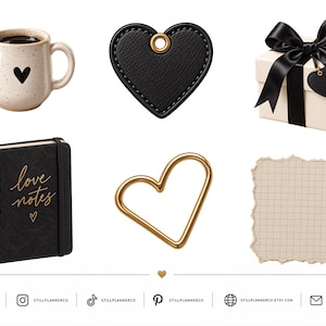 May include: A collection of items including a speckled beige mug with a black heart, a black heart-shaped leather tag, a gift box with a black ribbon, a black spiral notebook with the text love notes, a gold heart outline, and a piece of grid paper.