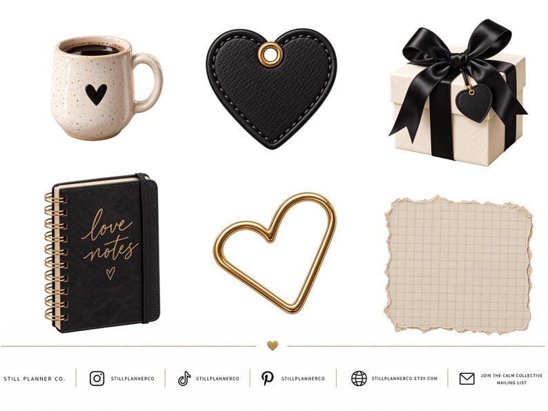 May include: A collection of items including a speckled beige mug with a black heart, a black heart-shaped leather tag, a gift box with a black ribbon, a black spiral notebook with the text love notes, a gold heart outline, and a piece of grid paper.