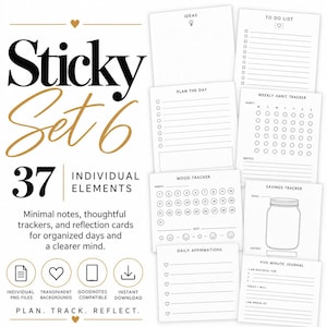 May include: A set of 37 digital sticky notes featuring black text on white backgrounds. Includes templates for ideas, to-do lists, daily plans, habit trackers, mood trackers, savings trackers, daily affirmations, and five-minute journals.