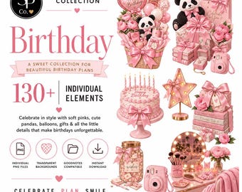 Birthday PNG Clipart, Pink Panda Digital Stickers, GoodNotes Planner Graphics, Shy Panda Birthday Collection