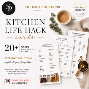 May include: A set of white kitchen life hack cards featuring text for pantry staples, knife guides, and measurement conversions. The cards include black text, gold accents, and a small icon of a pen. A set of copper measuring spoons is visible.