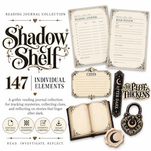 Pode incluir: Uma coleção de diário de leitura digital intitulada Shadow Shelf com 147 elementos individuais. Inclui modelos para resenhas de livros, rastreamento de pistas, uma ilustração de livro aberto, um cadeado, um selo de cera e texto com The Plot Thickens e After Dark.