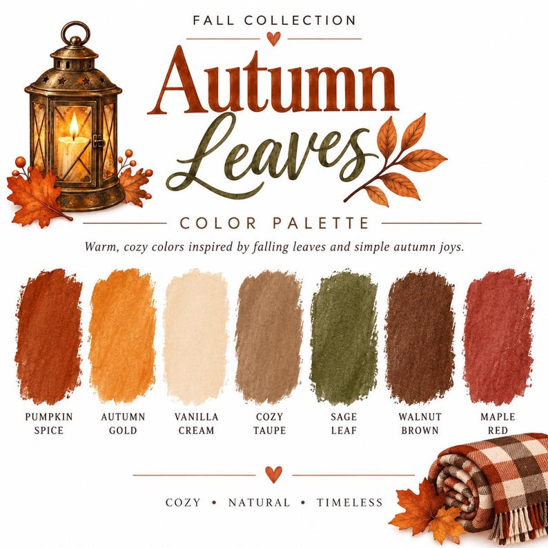 May include: A color palette graphic titled Autumn Leaves featuring a bronze lantern, orange maple leaves, and a brown and white plaid blanket. Seven paint swatches are labeled Pumpkin Spice, Autumn Gold, Vanilla Cream, Cozy Taupe, Sage Leaf, Walnut Brown, and Maple Red.