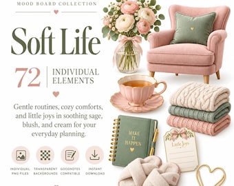 May include: A digital collection titled Soft Life featuring 72 individual elements including a pink armchair, sage green pillow, bouquet of pink flowers in a glass vase, pink teacup, stacked knit blankets, a green notebook, and slippers.