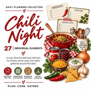 Peut inclure: Un ensemble graphique numérique intitulé Chili Night comprenant 27 éléments dont une marmite rouge de chili, des cuillères en bois, un fouet, un pot en céramique marqué Chili Makes Everything Better, des piments, des oignons, de l'ail et du fromage.