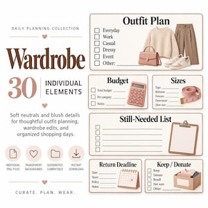 May include: A digital daily planning collection titled Wardrobe with 30 individual elements. The layout features sections for Outfit Plan, Budget, Sizes, Still-Needed List, Return Deadline, and Keep/Donate with checkboxes and icons.