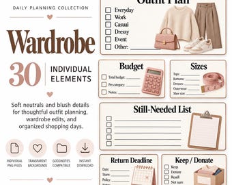 May include: A digital daily planning collection titled Wardrobe with 30 individual elements. The layout features sections for Outfit Plan, Budget, Sizes, Still-Needed List, Return Deadline, and Keep/Donate with checkboxes and icons.